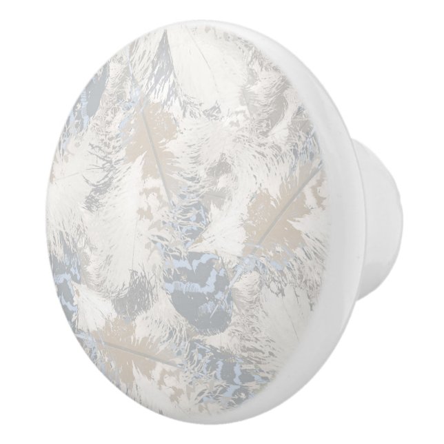 Bouton De Porte En Céramique hibou Plumes, gris, beige et bleu, oiseau, léger, (Droite)