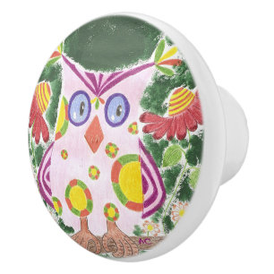 Bouton De Porte En Céramique Hibou rose-clair sur le bouton en céramique de