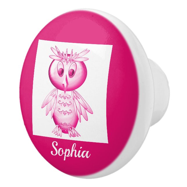 Bouton De Porte En Céramique Hibou rose drôle Enfants Personnalisés (Droite)
