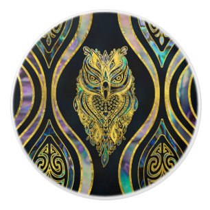 Bouton De Porte En Céramique Hibou tribal d'or sur le motif d'ormeau de Boho