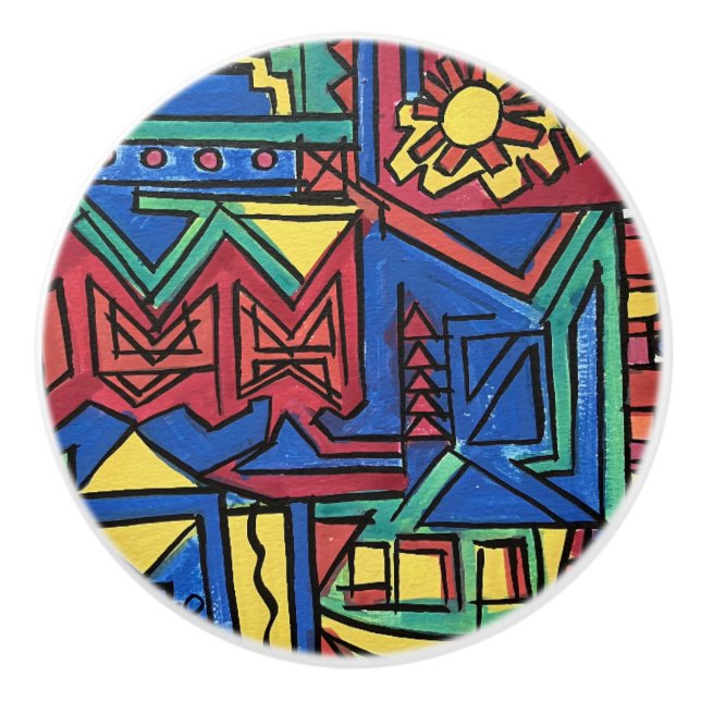 Bouton De Porte En Céramique High Noon-Whimsical Hand Painted Modern Art (Devant)