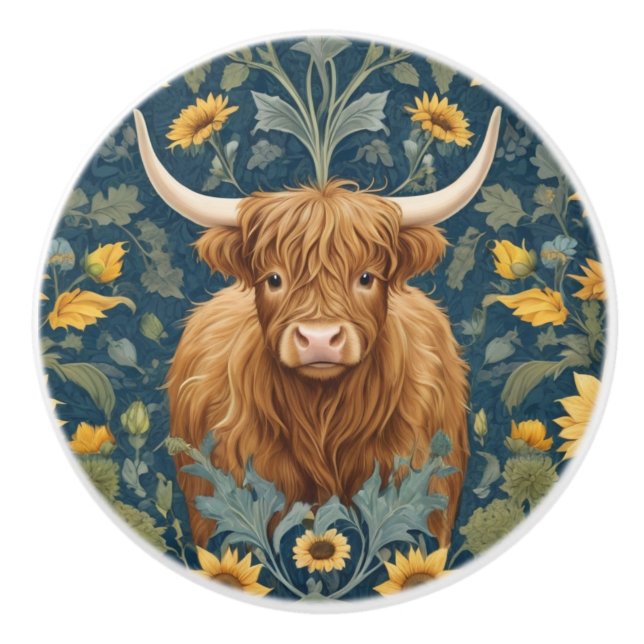 Bouton De Porte En Céramique Highland Cow William Morris style tournesol jaune (Devant)