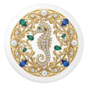 Bouton De Porte En Céramique Hippocampe cristal or 2Dgraphique pierre précieuse