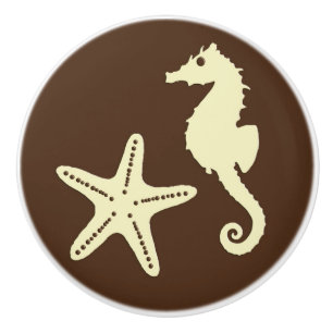 Bouton De Porte En Céramique Hippocampe et étoile de mer - cacao brun et beige
