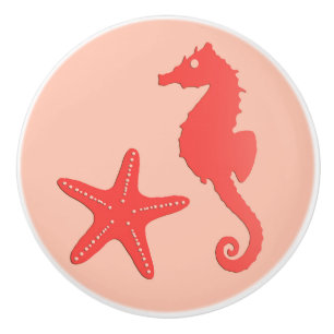 Bouton De Porte En Céramique Hippocampe et étoiles de mer - nuances de corail o