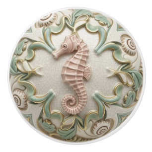 Bouton De Porte En Céramique Hippocampe Faux Relief Hippocampe Crème Or & Vert