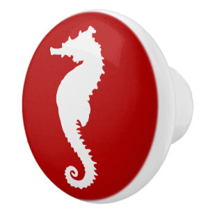 Bouton De Porte En Céramique Hippocampe rouge et blanc Design maritime côtier.