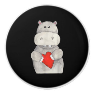 Bouton De Porte En Céramique Hippopotame mignon tenant le coeur Love Hippo