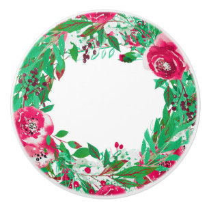 Bouton De Porte En Céramique Hiver floral de fleurs de Noël vert rouge de