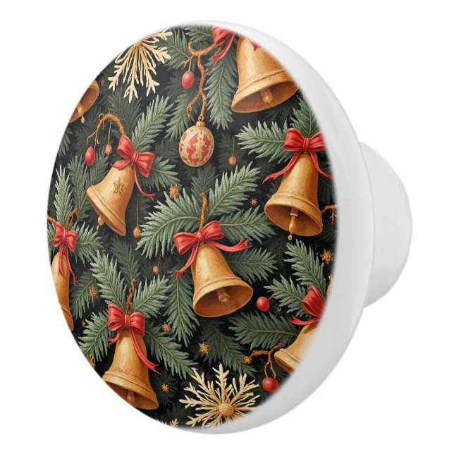 Bouton De Porte En Céramique Holiday Bells, Decorative Christmas Pattern, (Droite)