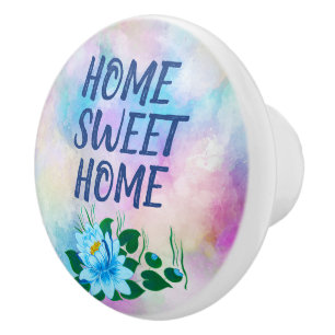 Bouton De Porte En Céramique Home Sweet Home Aquarelle colorée Texte floral
