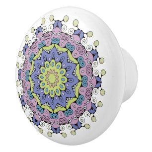Bouton De Porte En Céramique Horloge Mandala Peinte à la Main Face 2