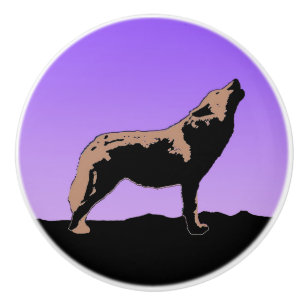Bouton De Porte En Céramique Howling Wolf at Sunset - Art faunique original