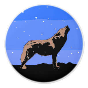 Bouton De Porte En Céramique Howling Wolf en hiver - Art faunique original