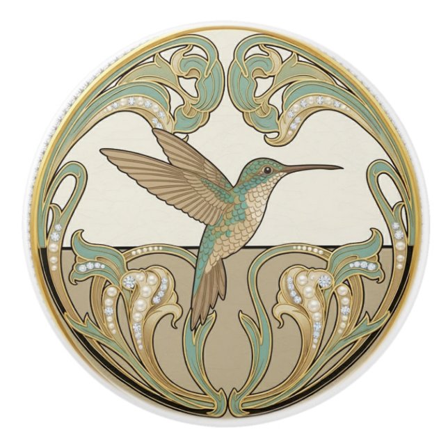 Bouton De Porte En Céramique Hummingbird Sage Green & Gold Art Deco Nouveau (Devant)
