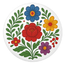 Hungarian Kalocsa Floral Folk Art Ceramic Knob