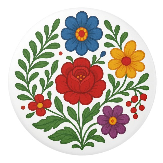 Bouton De Porte En Céramique Hungarian Kalocsa Floral Folk Art Ceramic Knob (Devant)