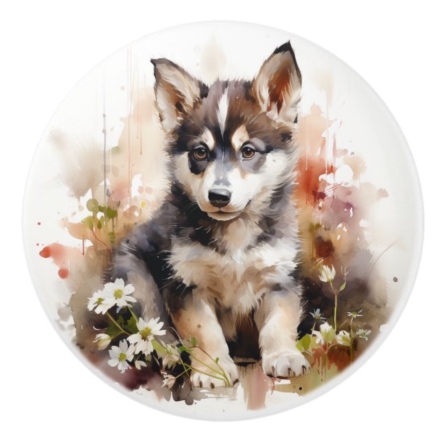 Bouton De Porte En Céramique Husky Sibérien ou ajouter votre propre chiot chien (Devant)