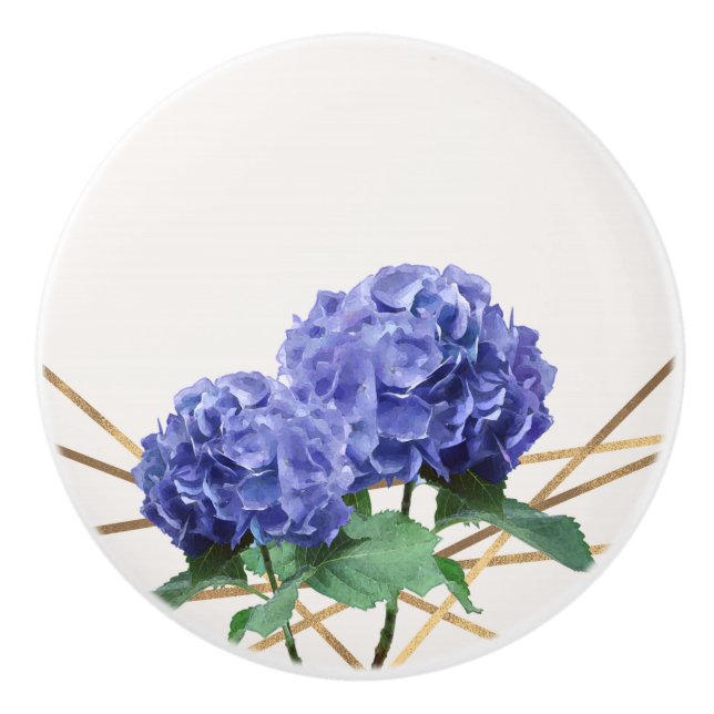 Bouton De Porte En Céramique Hydrangea Purple Bleu & Or Élégant Floral (Devant)
