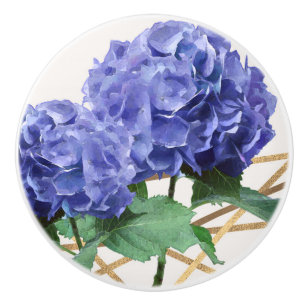 Bouton De Porte En Céramique Hydrangea Violet Bleu Et Or Élégant Floral