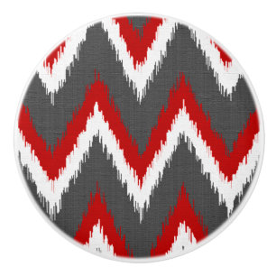 Bouton De Porte En Céramique Ikat Chevron Stripes - Rouge, Blanc et Gris / Gris