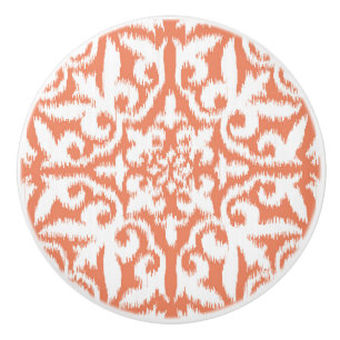 Bouton De Porte En Céramique Ikat damask motif - corail orange et blanc