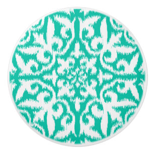 Bouton De Porte En Céramique Ikat damask motif - paon / turquoise & blanc
