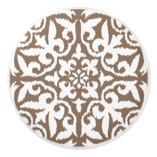 Bouton De Porte En Céramique Ikat damask pattern - Taupe Tan et Blanc