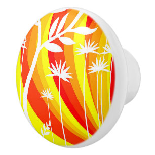 Bouton De Porte En Céramique Illustration botanique orange et blanc