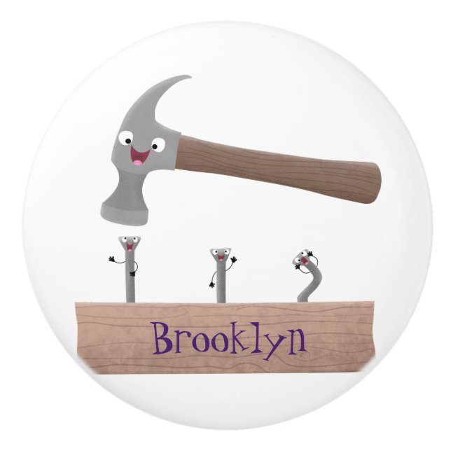 Bouton De Porte En Céramique Illustration de dessin mignon, marteau et ongles (Devant)