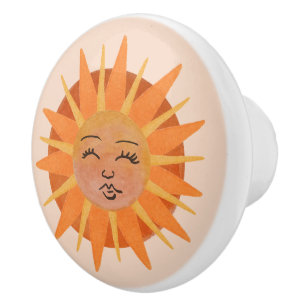 Bouton De Porte En Céramique Illustration de l'aquarelle orange Sun Face