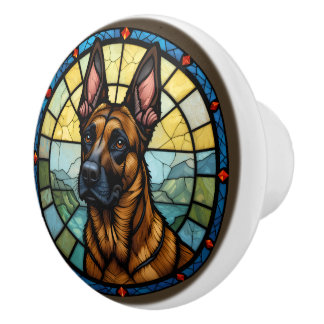 Bouton De Porte En Céramique Illustration de style Malinois belge en verre vern
