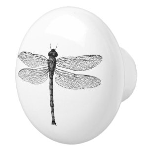Bouton De Porte En Céramique Illustration vintage de libellule noir et blanc