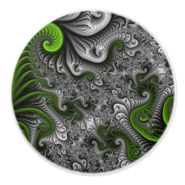 Bouton De Porte En Céramique Imaginaire Monde Vert Et Gris Art Fractal Abstrait (Devant)