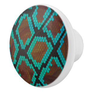 Bouton De Porte En Céramique Impression Brown et Turquoise de serpent