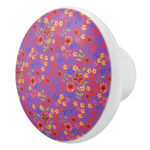 Bouton De Porte En Céramique Impression florale rétro chic sur baguette magenta