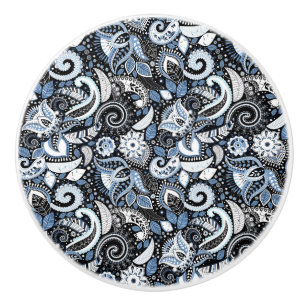 Bouton De Porte En Céramique Imprimé bohème à motifs paisley blanc et bleu