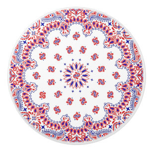 Bouton De Porte En Céramique Imprimé mouchoir rouge blanc et bleu