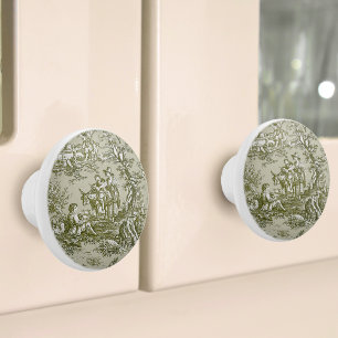 Bouton De Porte En Céramique Imprimé vintage vert gris toile de jouy