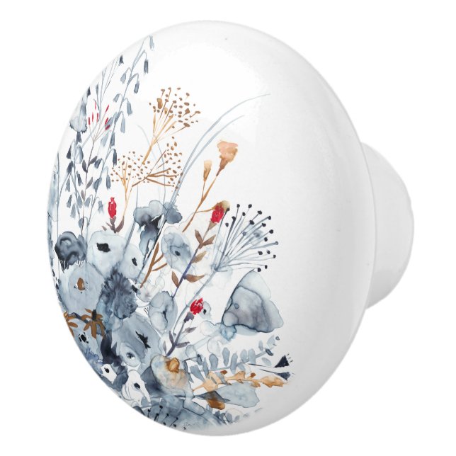 Bouton De Porte En Céramique Indigo et ocre - fleurs d'aquarelle (Droite)