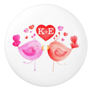 Bouton De Porte En Céramique Initiales d'art d'inséparables d'aquarelle de