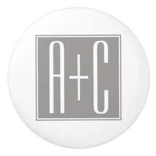 Bouton De Porte En Céramique Initiales de couples modifiables   Blanc & Gris