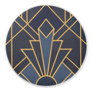 Bouton De Porte En Céramique Inspiration Art Déco en bleu et or