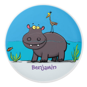 Bouton De Porte En Céramique Ippopotame drôle mignon avec dessin animé d'oiseau