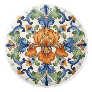 Bouton De Porte En Céramique Iris Fleur Orné Bleu Orange Vert Floral