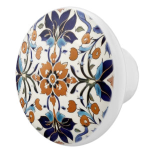 Bouton De Porte En Céramique Iznik Turc Vintage Orange Bleu Noir Floral