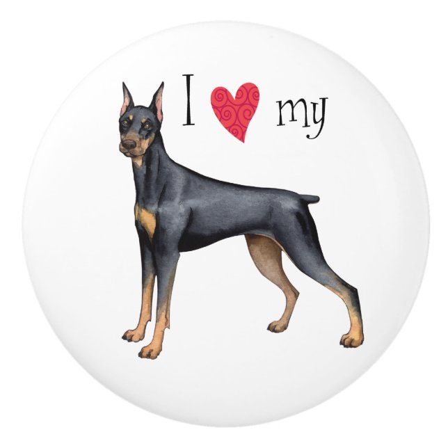 Bouton De Porte En Céramique J'aime mon Doberman Pinscher (Devant)