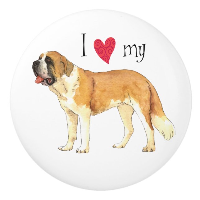 Bouton De Porte En Céramique J'aime mon St Bernard (Devant)