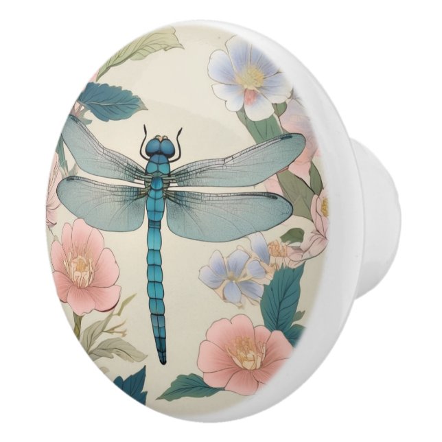 Bouton De Porte En Céramique Japonais Dragonfly Art Pastel Vert & Rose Floral (Droite)