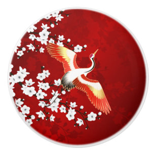 Bouton De Porte En Céramique Japonaise Grue Blanc Cerisier Fleur Rouge